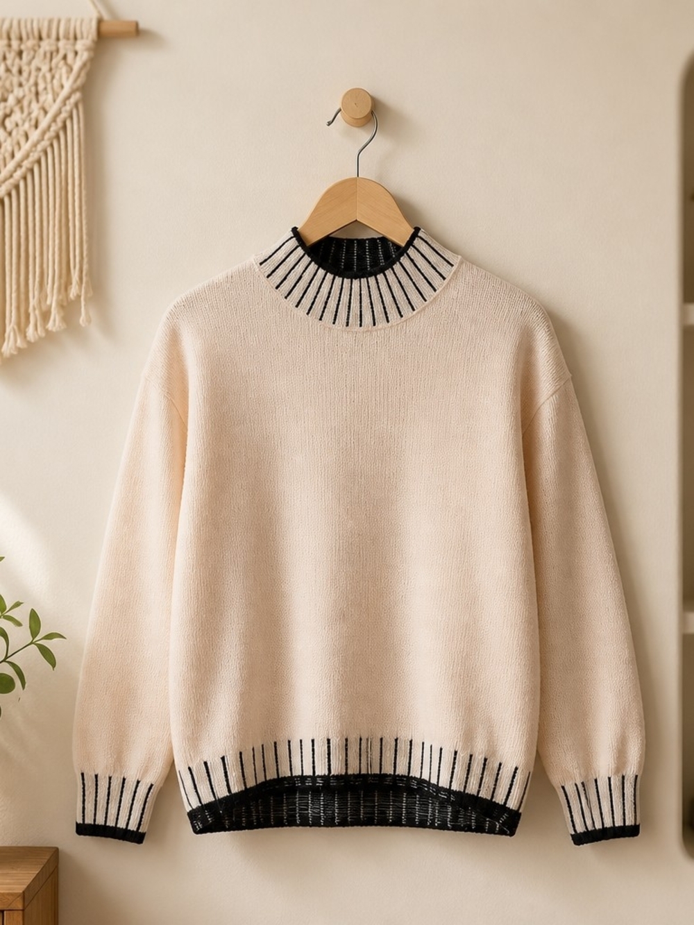 Cream Crewneck Sweater with Black Trim - Women's Sweater